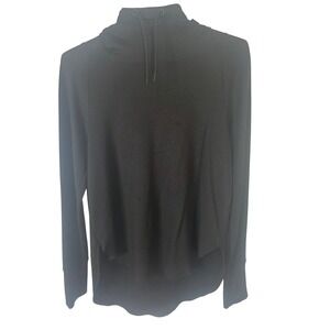 Black Funnel Neck Pullover Hoodie with Thumbholes and High-Low Hem Women Small